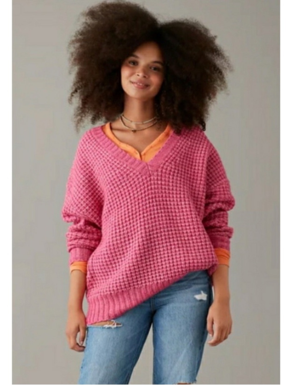 American Eagle Whoa So Cozy Oversized Slouchy Chunky Knit Tunic Sweater Pink